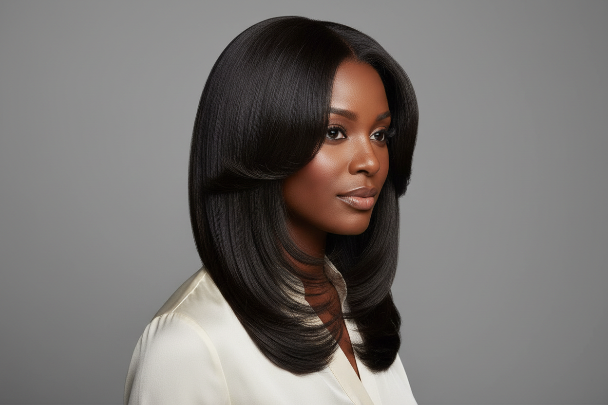 Femme noire avec cheveux lisses et layers